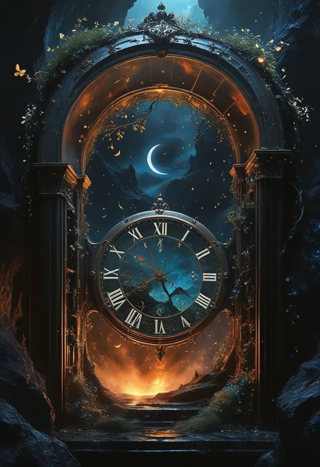 top- down, fantastical and surreal scene, closeup inside of an enormous ancient pocket_clock standing upright with its cover open revealing a magical portal, portal inside the clock, Through the portal is a breathtaking landscape unfolds, towering mountains, a cascading volcano, a steaming river winding through a burned forests, The edges of the pocket_clock are adorned with intricate glowing runes and vines, the clock resting on obsidian floor, mystical touch, illuminated by a crescent moon and twinkling stars, dreamlike and otherworldly atmosphere, sense of adventure and wonder, ((red-blue, artifact,
<lora:aidmaMTG-CardsXL-v0.1:1> ,mtg, mtg card)), view from above,
(score_9, score_8_up:1.1), score_7_up, a fine color ink lineart sketch, (reflective volumetric), raytracing, absurdres, dark, low-key,
BREAK
universe, (galaxy:0.5), (nebula:0.5), (stars:0.3)