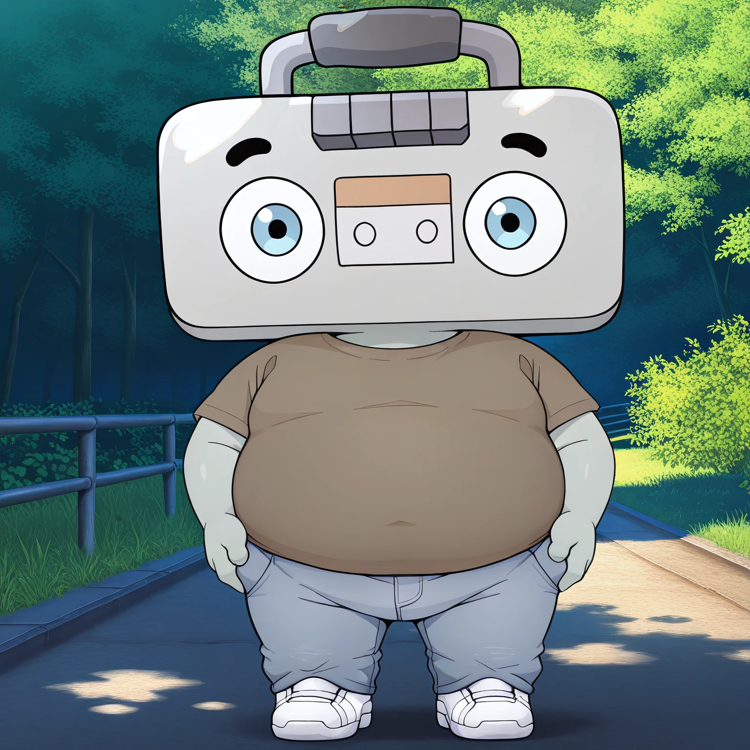 masterpiece, best quality, detailed, official art, solo, juke, male, 1boy, plump, no humans, black eyebrows, grey skin, grey body, short, light blue eyes, young, plump, fat, short, boombox head, brown shirt, jeans, white shoes, standing, looking at viewer, happy, outdoors,
