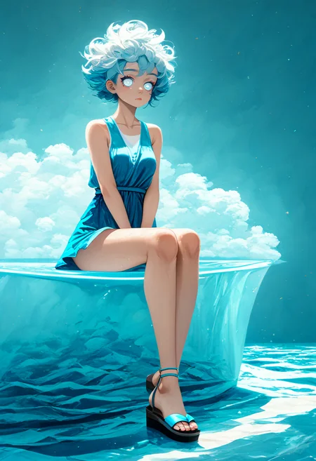 (mjv3:1.5), score_9, score_8_up, score_7_up, source_anime, 1girl, solo, sitting, hugging own legs, bored, white eyes, tanlines, sandals, static hair, translucent, bags for blood transfusion, sticker, dappled sunlight, window, submerged room, extremely detailed, 8k, best quality, amazing quality, best aesthetic, absurdres, <lora:mjv3_pony-2:1.8>