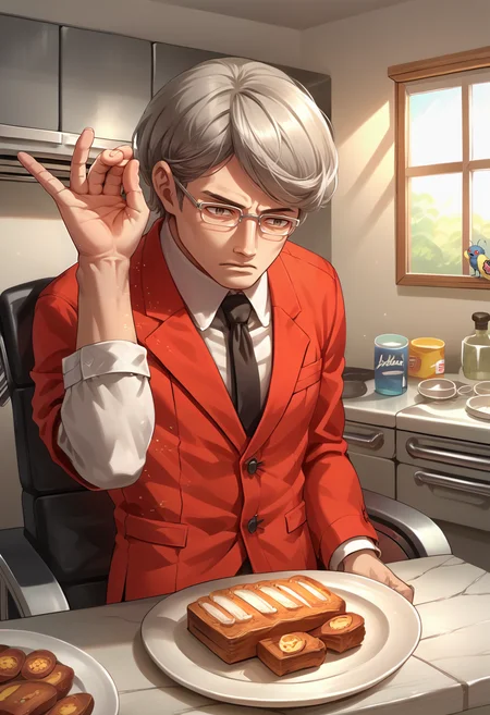 score_9, score_8_up, score_7_up, source_anime, 1boy, solo, serious, hand up, <lora:zs_StephenXL:1> stephensmt, grey hair, short hair, grey eyes, glasses, red blazer, white shirt, black tie, red pants, wheelchair, sitting, <lora:SaltBaeMeme_XLPD_CAME:1.1> SaltBaeMeme, indoors, kitchen, plate, food