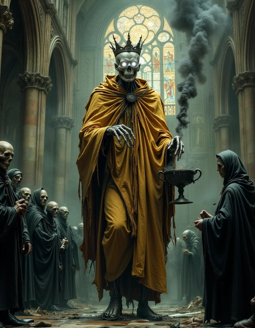 The Hollow Saint of the Withering Light A towering skeletal figure, draped in tattered golden vestments, walks through a cathedral swallowed by decay, his glowing white eyes burning with an unnatural radiance. His crown of broken halos floats above his skull, flickering like dying embers. Around him, faceless monks, wrapped in shadowed robes, kneel in silent reverence, their forms flickering between existence and nothingness. The stained-glass windows, once depicting divine triumph, are now shattered and bleeding light, their broken shards levitating midair as if frozen in time. His bony hands cradle a cracked censer, releasing thick black smoke that coils like living tendrils, whispering forgotten prayers to gods that no longer listen. The atmosphere is haunting, divine, and sorrowful, portraying a saint who has outlived both his faith and his gods.
<lora:dark-fantasy-flux:1>