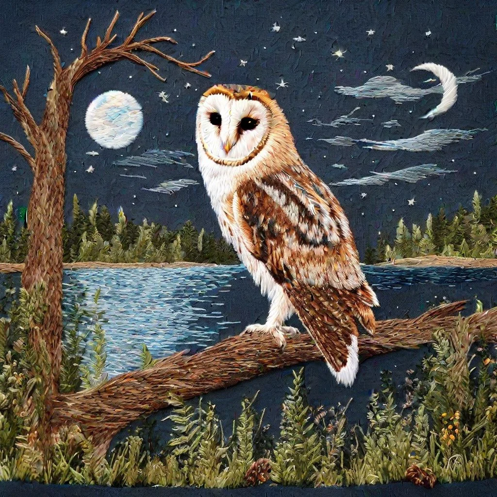 <lora:SDXL_embroidery_Sa_May_V8:1> embroidery, a barn owl at night in the forest by a lake