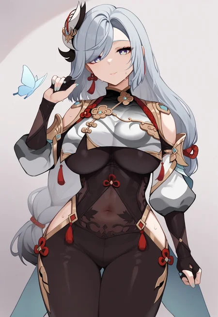 safe_pos, score_9,score_8_up,score_7_up,<lora:shenhe:1>,1girl,absurdres,bare_shoulders,black_bodysuit,black_gloves,blue_butterfly,blue_eyes,breast_curtain,calamity_queller_\(genshin_impact\),covered_navel,expressionless,eyelashes,eyes_visible_through_hair,floating_hair,gold_trim,hair_between_eyes,hair_ornament,hair_over_one_eye,hand_up,highres,hip_vent,kuji-in,looking_to_the_side,low-braided_long_hair,low-tied_long_hair,shenhe_\(genshin_impact\),sidelocks,single_braid,single_earring,solo,swept_bangs,tassel_earrings,thighs,very_long_hair,white_hair, large breasts, horny expression, aroused expression, sweaty, steamy, smile, cleavage, large cleavage, revealing cleavage