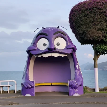 A purple sheet metal Grimace shaped novarc bus stop by the sea <lora:Novelty_Architecture:0.95> <lora:PE_Grimace:0.5>