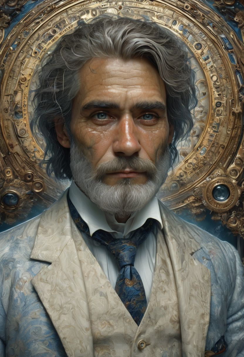 score_9, score_8_up, score_8, score_7_up, score_7, score_6_up, score_6, score_5_up, Score_5, 1man, the watchmaker, A man sitting in front of the spirits of his ancestors, caucasian European male, 40-year-old, wearing a linen suit, a white button down shirt with an ascot, snow white beautiful hair, steely blue-gray eyes, (looking at the viewer), perfectly detailed eyes and facial features, soulful expression, (deep emotion), spiritual, mystical, detailed character design, digital painting, cinematic style, atmospheric lighting, high resolution, (emotional depth), hauntingly beautiful, painstaking attention to detail, insane details, (meticulously detailed and textured skin), 8k resolution, a masterpiece