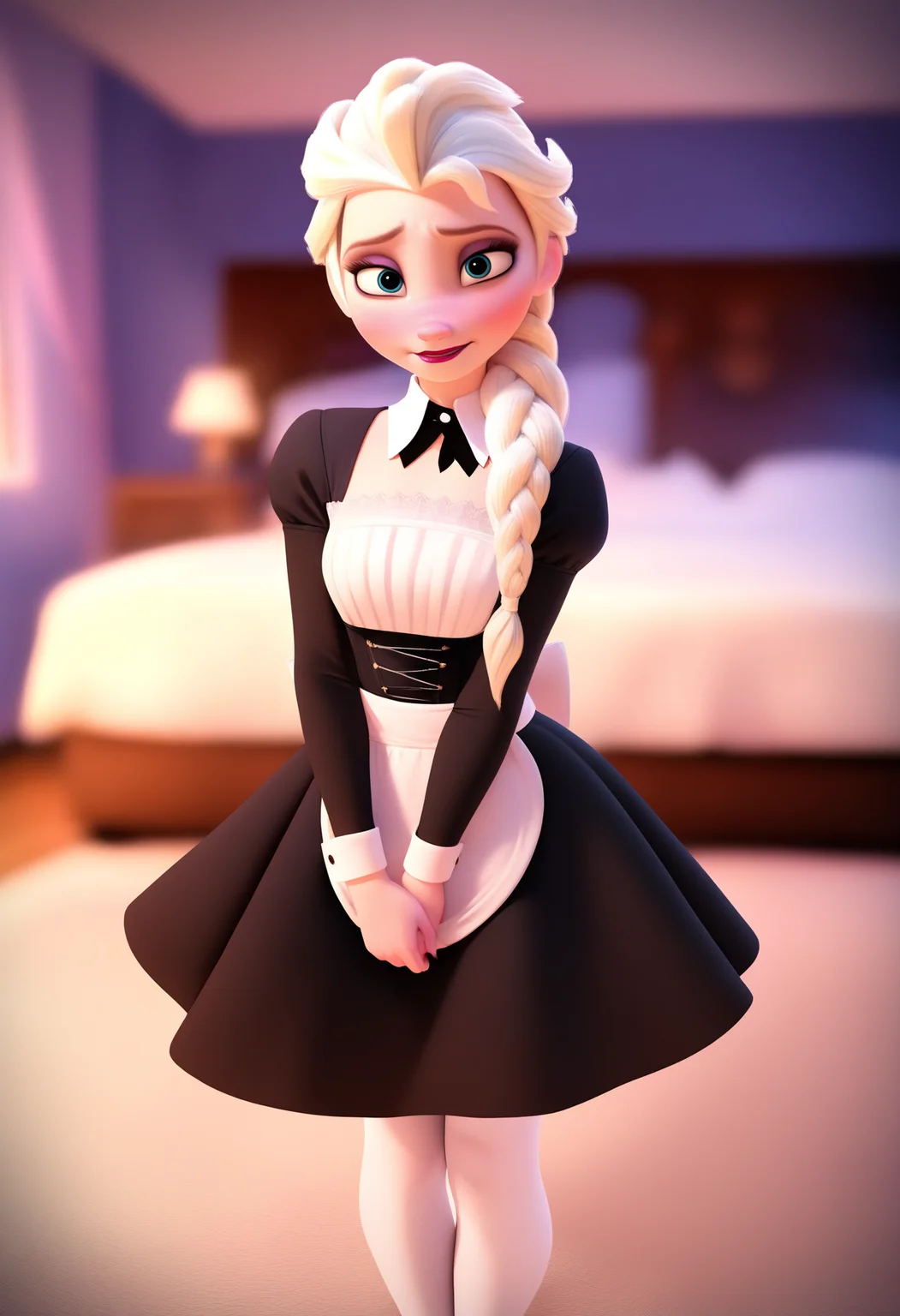 best quality, amazing quality, very aesthetic, absurdres,
BREAK
1girl, elsa \(frozen\), blonde hair, long hair, blue eyes, single braid,
black dress, stockings, maid uniform,
embarassed, blush, solo, looking at viewer, indoors, bedroom background , <lora:ElsaNoobXL_byKonan:1>