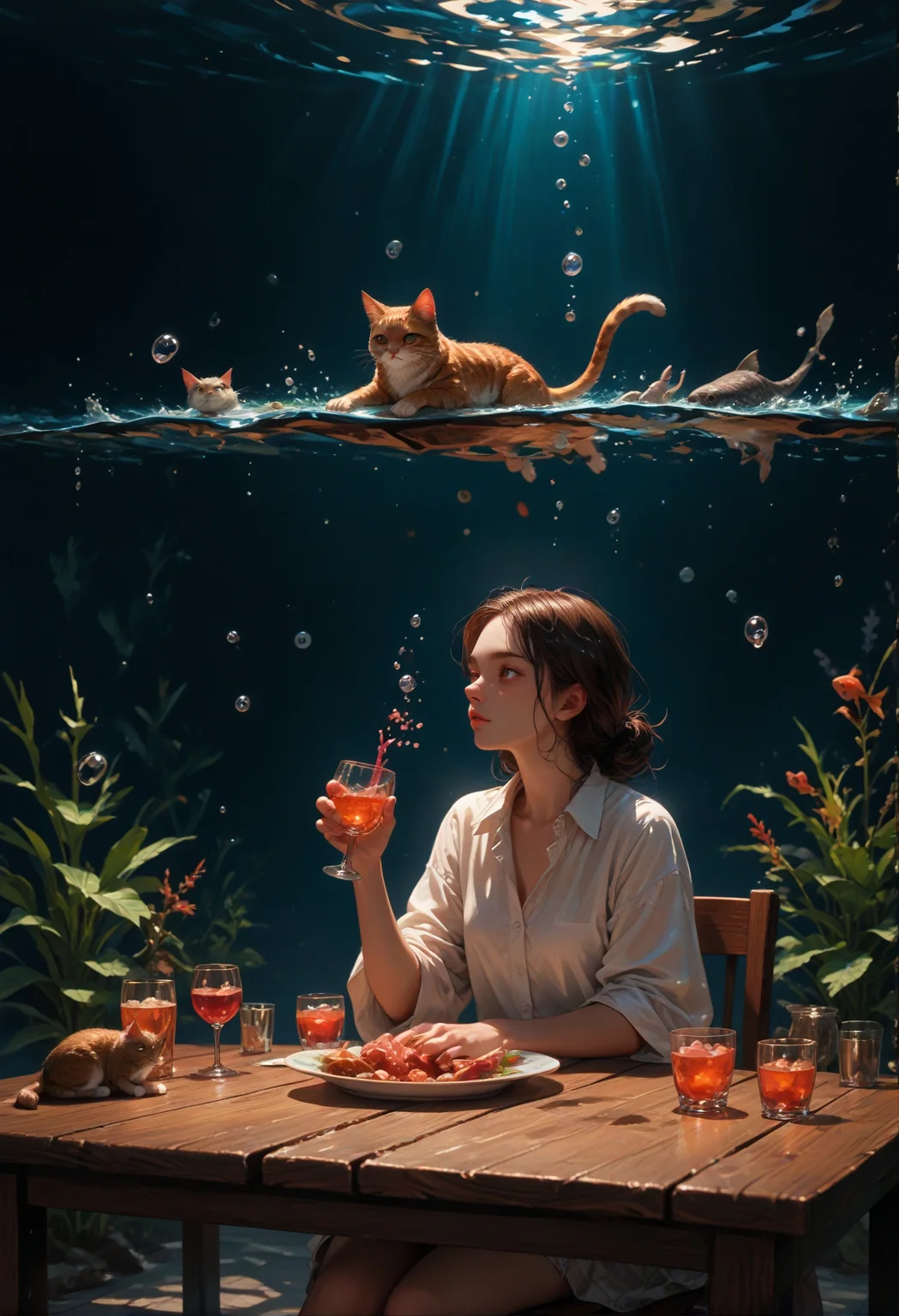 score_9,score_8_up,score_7_up,embedding:zPDXL2, film grain,Cinematic Lighting, Expressiveh,th3rm4l,colorful, , sitting, water, cup, no humans, animal, border, table, cat, alcohol, drinking glass, fish, bubble, underwater, air bubble, surreal<lora:增强\(收藏)\sdxl_lightning_8step_lora.safetensors:1.0:1.0> <lora:增强\(收藏)\Expressive_H-000001.safetensors:0.4:0.4> <lora:增强\(收藏)\Hands XL 4.safetensors:1.0:1.0> <lora:增强\(收藏)\glowneon_xl_v1.safetensors:0.5:0.5> <lora:extremely detailed (no trigger).safetensors:1.0:1.0> <lora:Vixon\(收藏)\Vixon's Pony Styles Thermal.safetensors:0.4:0.4> <lora:增强\(收藏)\sinfully_stylish_PONY_0.2.safetensors:0.4:0.4>