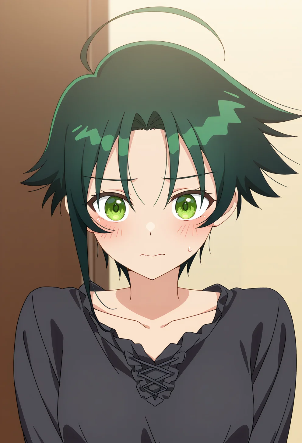 <lora:MINAMI SHIUNJI_illustrious-000056:1>,
MINAMI SHIUNJI, solo, shirt, sweatdrop, blush, upper body, closed mouth, looking at viewer, black shirt, ahoge, collarbone