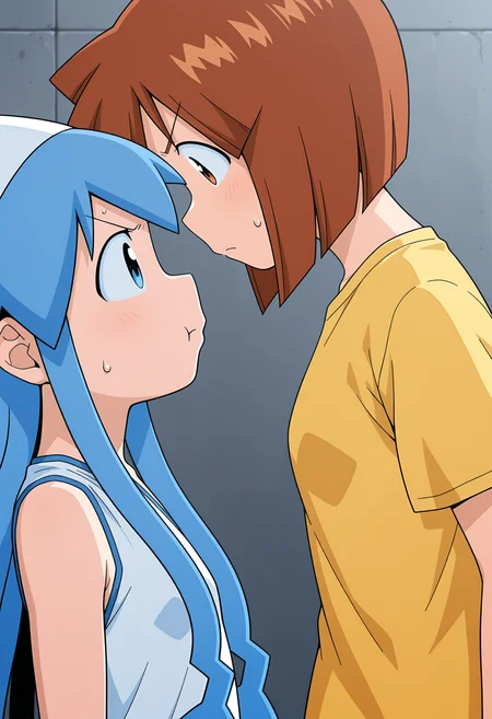 2girls, pout, wall,
<lora:ikmsm_illustrious_v6:0.9> ikmsm, ikamusume, blue hair, long hair, blue eyes, white dress,
<lora:Eiko_Aizawa_-_ILL:0.5> eiko, brown hair, brown eyes, bob cut, yellow t-shirt, 
face-to-face, v-shaped eyebrows, sweat, upper body, from side,
general, masterpiece, best quality, very aesthetic, absurdres, anime coloring,