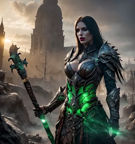 RAW photo, (masterpiece:1.3), subsurface scattering, heavy shadow, (high quality:1.4), (intricate, high detail:1.2), professional photography, HDR, High Dynamic Range, realistic, ultra realistic, photorealistic, high resolution, film photography, ambient lighting, atmospheric effects, <lora:detail_slider_v4:2>, OverallDetail, Nadine, <lora:Nadine:1>,  as a necromancer, dark lips, shoulder armor, staff, weapon, eerie green light, <lora:Necromancer:0.7>, <lora:zoom_slider_v1:-1>,  <lora:cleavage:-1>, epiCPhoto