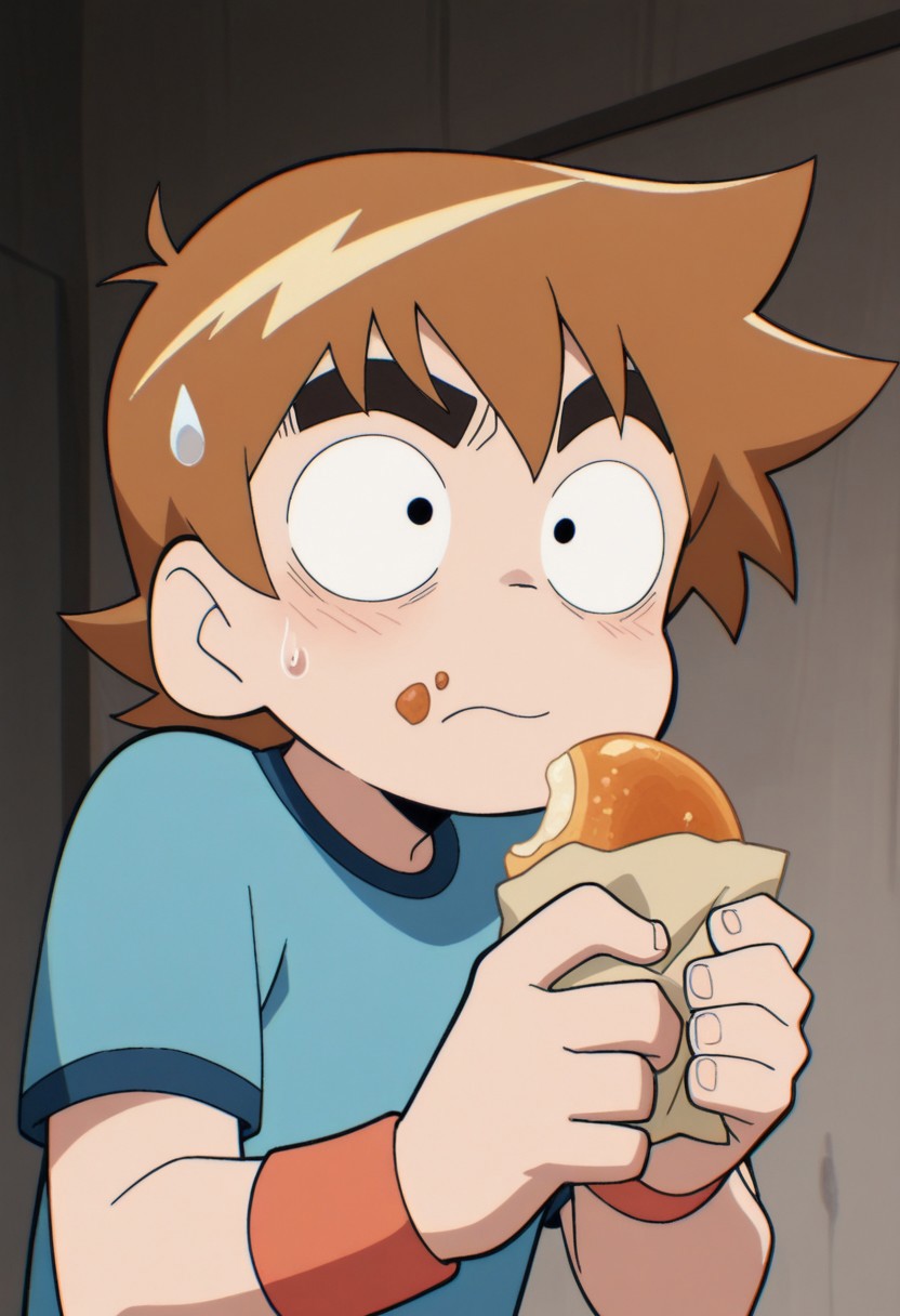 masterpiece,best quality,amazing quality, source_anime,
scotpilgr, 1boy, male focus, solo, headband, food, holding, upper body, sweat, sweatdrop, parody, food on face, brown hair, blue t-shirt, wristband,