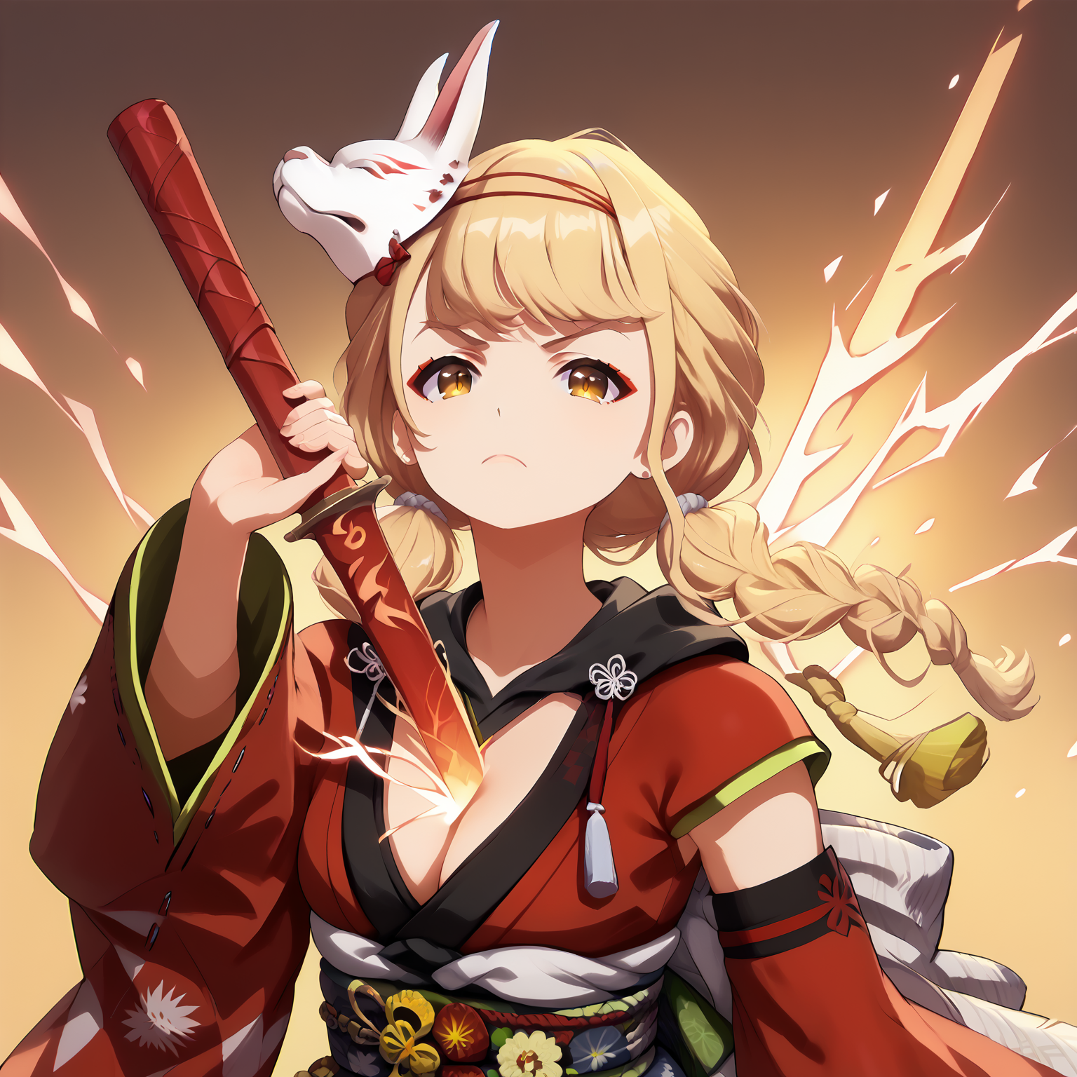 score_9, score_8_up, score_7_up, score_6_up, source_anime, 1girl,
<lora:kotone.pony-v1.3:1>, kotone, kamuro, serious,
<lora:Draw Weapon from Chest pony:1>, DRAW WEAPON FROM CHEST,
GLOWING WEAPON, HOLDING WEAPON,
CLEAVAGE, WEAPON BETWEEN BREASTS,
flaming background, abstract background,