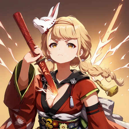 score_9, score_8_up, score_7_up, score_6_up, source_anime, 1girl,
<lora:kotone.pony-v1.3:1>, kotone, kamuro, serious,
<lora:Draw Weapon from Chest pony:1>, DRAW WEAPON FROM CHEST,
GLOWING WEAPON, HOLDING WEAPON,
CLEAVAGE, WEAPON BETWEEN BREASTS,
flaming background, abstract background,