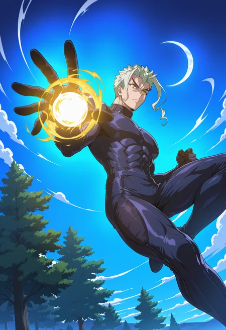 masterpiece, best quality, newest, absurdres, highres, very detailed,
muscular male, 
 dynamic angle, fighting stance, from bellow, low angle, raised hand, holding energy ball, strong wind, tree top, floating, night, crescent moon, swirling clouds,<lora:[Char - IL] Tenjou Tenge - Mitsuomi Takayanagi (v1-R2-E16):0.8> mitsuomi_takayanagi, bodysuit, YELLOW eyes, WHITE hair,