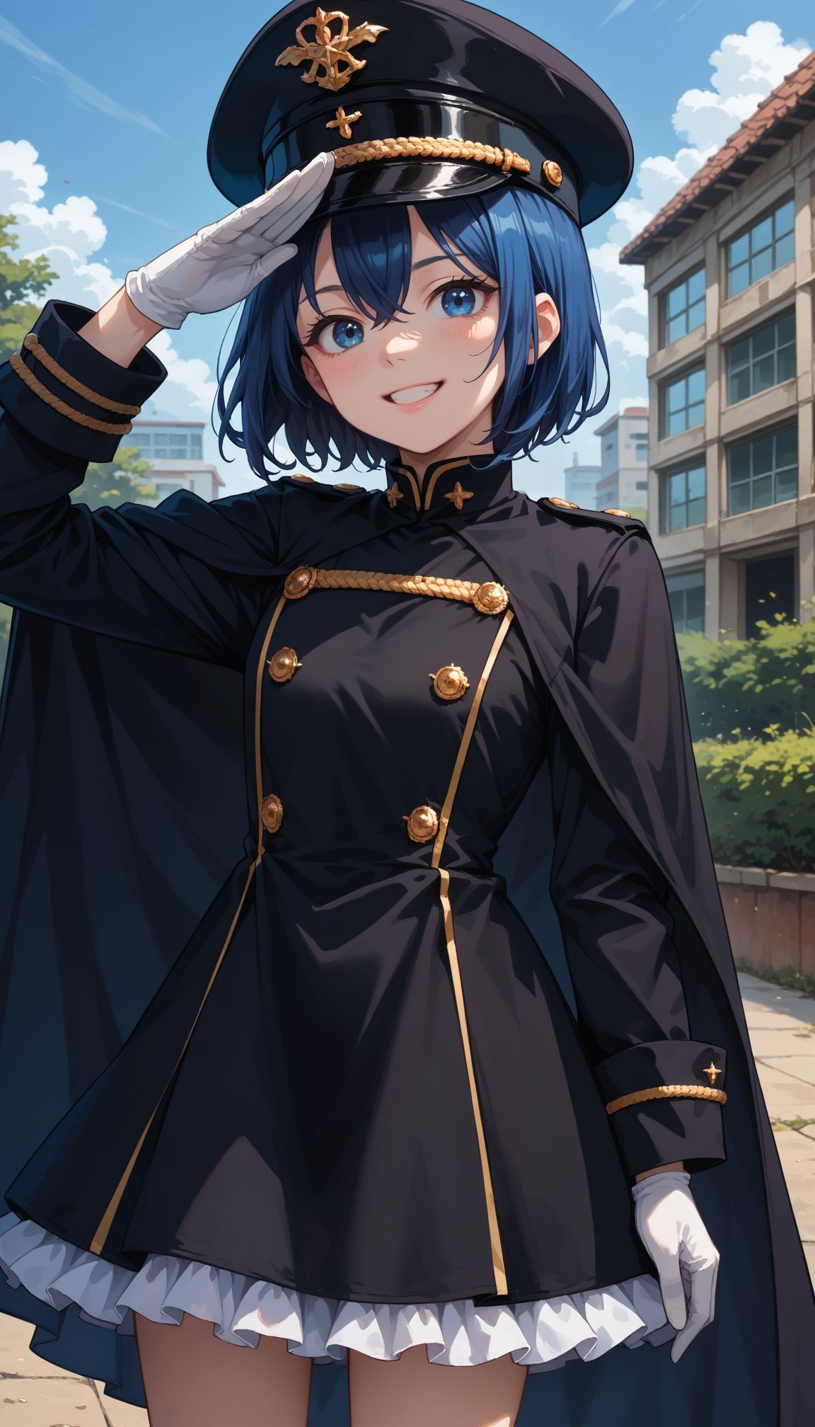 score_9, score_8_up, score_7_up, source_anime, smile,, close portrait,
,bbsajuna,blue eyes,peaked cap,black headwear,blue hair,short hair,hair between eyes,bangs,black cape,dress,(black dress:1.4),long sleeves,(white gloves:1.1),(black skirt:1.4),frilled skirt,socks,black socks,boots,black footwear,outdoors,standing,:d,salute, <lora:Inui Sajuna :0.8>
