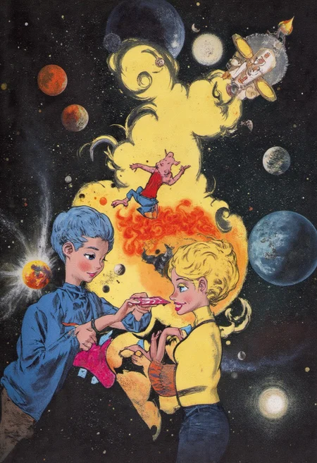 a couple in outer space exchanging valentines cards, an illustration, rogi, retro-futurism, space ship, cartoon,