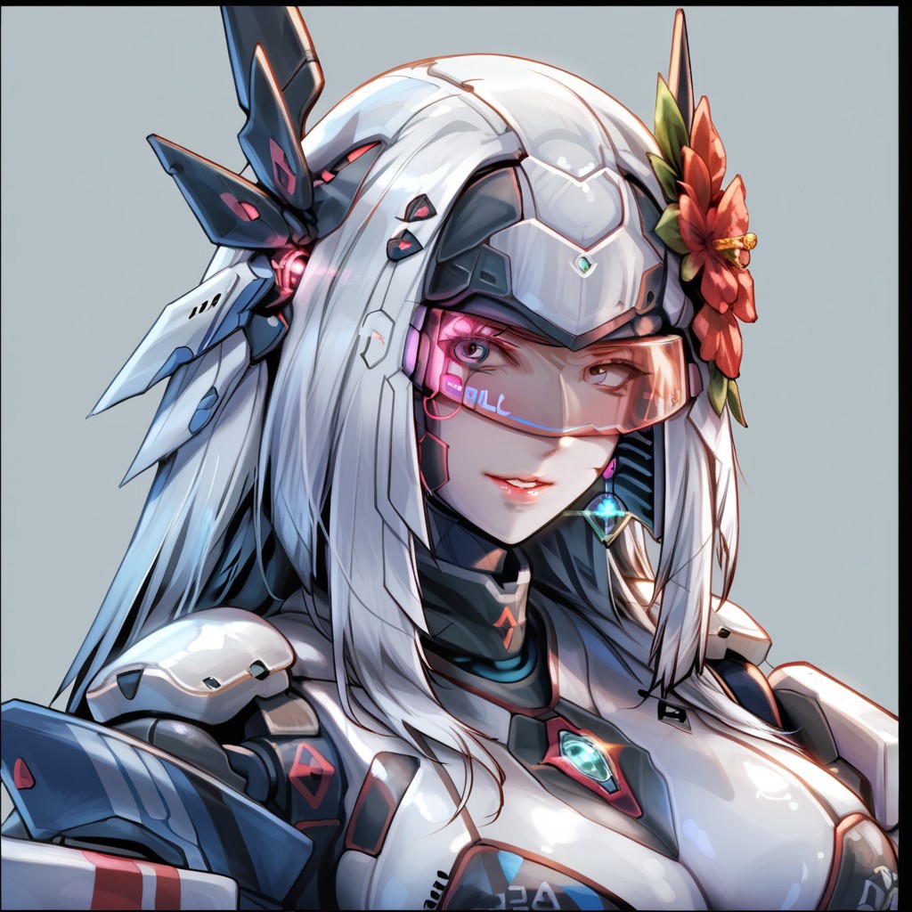 uaf-character, |||, breasts, humanoid robot, mecha musume, medium breasts, silver hair ornament, uaf_neuko, upper body, glowing, android, visor, smile, black border, uaf-portrait, robot girl, robot, uaf_redblue_backlight, parted lips, solo, uaf_red_blue_ilumination, helmet, simple background, 1girl, 80swa, Expressiveh, score_9,score_8_up,score_7_up, 20 years old, 8k, hd, beautiful korean girl, , ultra realistic, hyper realistic, detailed face, natural huge breasts, beautiful woman's face, <LoRA: uafPortraits-000110>, <LoRA: uaf Wt: 1>, pureerosface_v1, (PureErosFace_V1:0.8)
