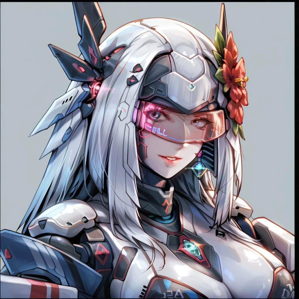 uaf-character, |||, breasts, humanoid robot, mecha musume, medium breasts, silver hair ornament, uaf_neuko, upper body, glowing, android, visor, smile, black border, uaf-portrait, robot girl, robot, uaf_redblue_backlight, parted lips, solo, uaf_red_blue_ilumination, helmet, simple background, 1girl, 80swa, Expressiveh, score_9,score_8_up,score_7_up, 20 years old, 8k, hd, beautiful korean girl, , ultra realistic, hyper realistic, detailed face, natural huge breasts, beautiful woman's face, <LoRA: uafPortraits-000110>, <LoRA: uaf Wt: 1>, pureerosface_v1, (PureErosFace_V1:0.8)