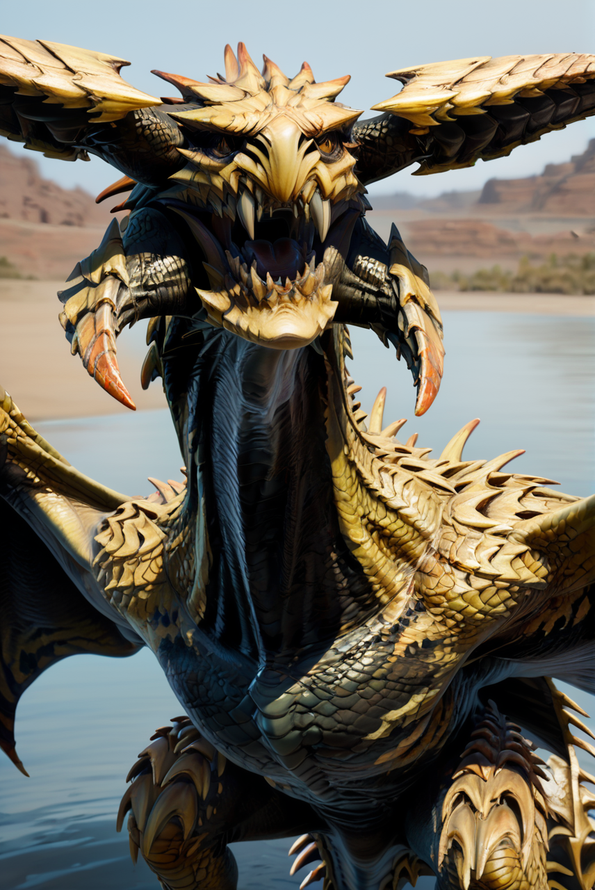 source_furry, score_9, score_8_up, score_7_up, (reydau_wilds, wyvern, feral), scalie, yellow scales, black underbelly, black scales, horns, fangs, teeth, sharp teeth, amber eyes, detailed eyes, long neck, spikes, claws, tail, spiked tail, winged arms, wings, <lora:MH_ReyDauPony:0.8>, outdoors, desert setting, near water, oase, portrait, light open mouth, <lora:Add_DetailedEyesPony:0.8>, <lora:add-detail-xl:0.8>, zPDXL2, zPDXLpg, zPDXLrl, best quality, highly detailed, extreme details, masterpiece, photorealistic, hyperrealistic, ultra realistic, hdr, 4k, uhd, ray tracing, shaded