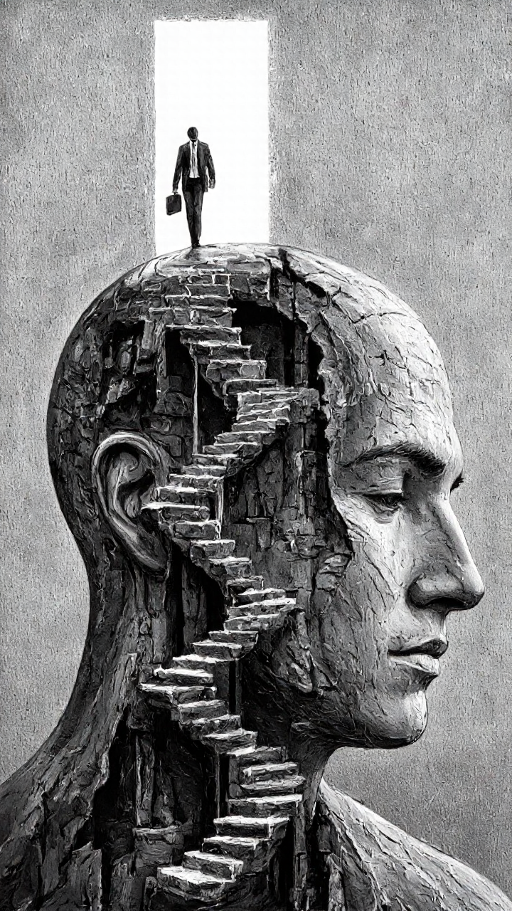 highly detailed black-and-white illustration. The image features a human head in profile, viewed from the left side, with its interior intricately depicted as a winding staircase. The staircase, which appears to be made of stone or metal, spirals upwards towards the top of the head. The texture of the staircase is smooth and polished, with each step clearly defined. At the top of the staircase, a person, also in profile, is seen walking towards a bright, sunlit opening at the back of the head. The person is dressed in a formal suit and is carrying a briefcase, suggesting a professional or business context. The background is a plain, gray wall, adding to the stark contrast between the bright light at the back of the head and the dark interior of the head. The overall style of the illustration is surreal and thought-provoking, blending elements of fantasy and psychology. The use of light and shadow enhances the depth and texture of the image, making it appear almost three-dimensional. The image evokes a sense of exploration and the journey of the mind.,aidmaimageupgrader, aidmaMJ6.1 <lora:aidmaMJ6.1-FLUX-v0.5:0.7> <lora:aidmaImageUprader-FLUX-v0.3:0.4>