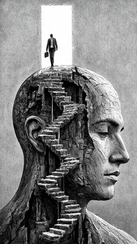 highly detailed black-and-white illustration. The image features a human head in profile, viewed from the left side, with its interior intricately depicted as a winding staircase. The staircase, which appears to be made of stone or metal, spirals upwards towards the top of the head. The texture of the staircase is smooth and polished, with each step clearly defined. At the top of the staircase, a person, also in profile, is seen walking towards a bright, sunlit opening at the back of the head. The person is dressed in a formal suit and is carrying a briefcase, suggesting a professional or business context. The background is a plain, gray wall, adding to the stark contrast between the bright light at the back of the head and the dark interior of the head. The overall style of the illustration is surreal and thought-provoking, blending elements of fantasy and psychology. The use of light and shadow enhances the depth and texture of the image, making it appear almost three-dimensional. The image evokes a sense of exploration and the journey of the mind.,aidmaimageupgrader, aidmaMJ6.1 <lora:aidmaMJ6.1-FLUX-v0.5:0.7> <lora:aidmaImageUprader-FLUX-v0.3:0.4>