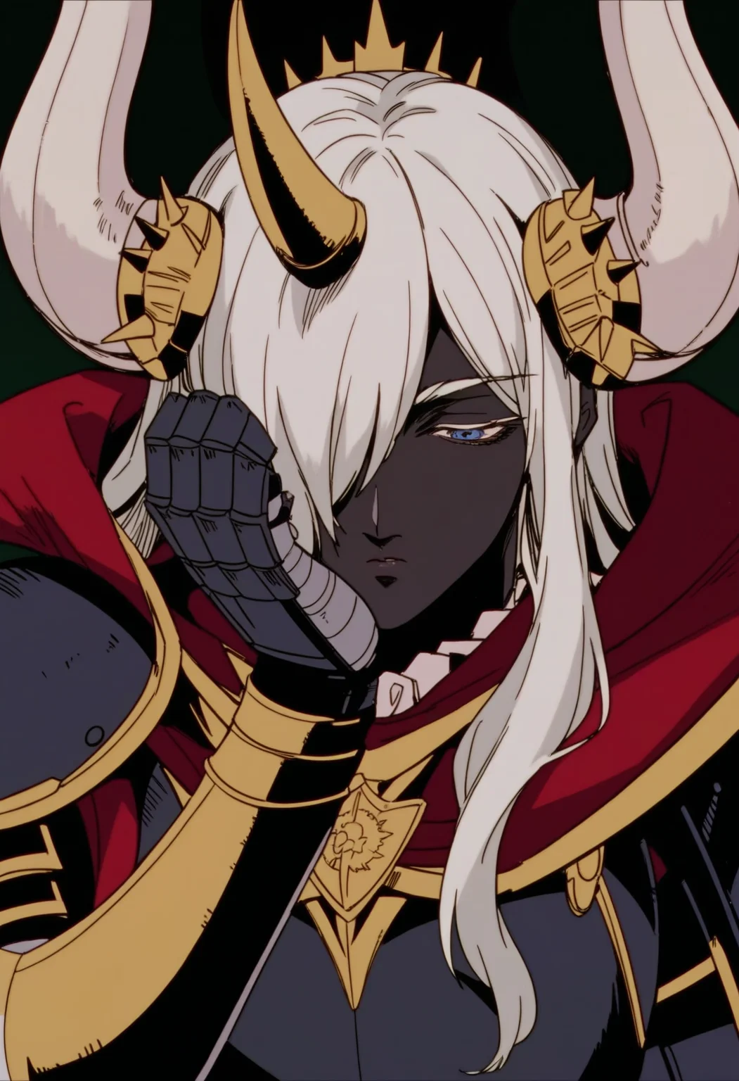 score_9, score_8_up, score_7_up, score_6_up, score_5_up, score_4_up,
<lora:BerserkV5:0.8> berserk,
1girl, solo, long hair, looking at viewer, blue eyes, simple background, blonde hair, 1boy, closed mouth, upper body, white hair, male focus, parted lips, lying, horns, hair over one eye, cape, armor, colored skin, looking down, half-closed eyes, helmet, black background, crown, on stomach, shoulder armor, gauntlets, spikes, green background, one eye covered, pauldrons, head rest, breastplate, red cape, fake horns, full armor, black skin, black armor, horned helmet