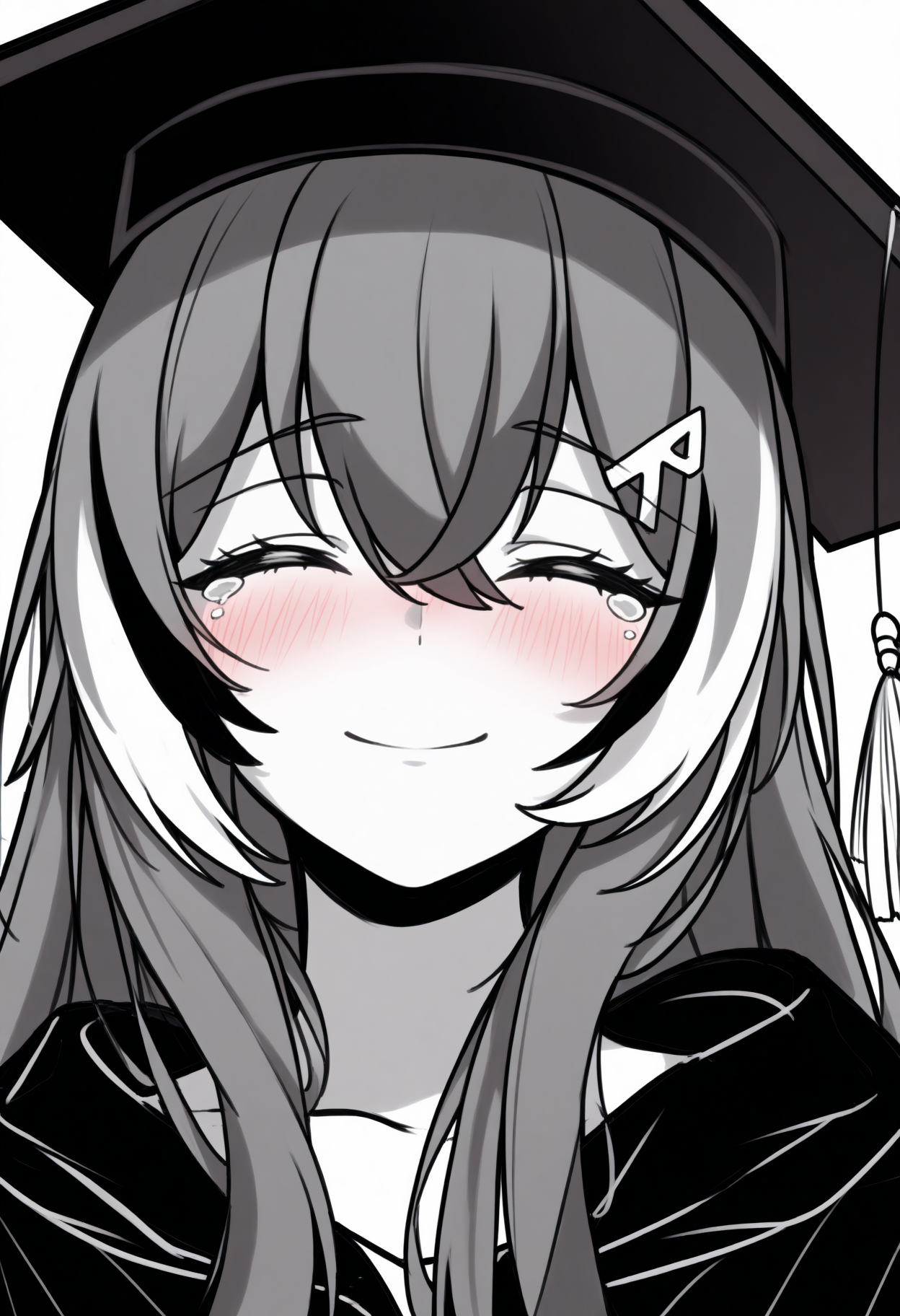 masterpiece, best quality, 1girl, solo, N4nashiMum3i, long hair, streaked sidelocks, hairclip, graduation, mortarboard, black robe, portrait, looking at viewer, head tilt, smile, closed eyes, tearing up, blush, greyscale, spot color, monochrome, lineart, sketch, graphite \(medium\), traditional media, <lora:ChamNanashiMumeiNoob:1>