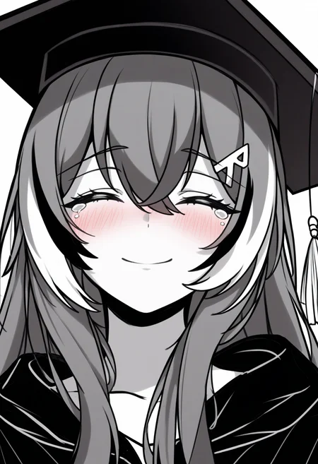 masterpiece, best quality, 1girl, solo, N4nashiMum3i, long hair, streaked sidelocks, hairclip, graduation, mortarboard, black robe, portrait, looking at viewer, head tilt, smile, closed eyes, tearing up, blush, greyscale, spot color, monochrome, lineart, sketch, graphite \(medium\), traditional media, <lora:ChamNanashiMumeiNoob:1>