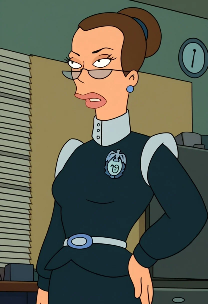 Score_9_up, score_8_up, score_7_up, BREAK 1girl, solo, morganfu, earrings, brown hair, unifrom, badge, glasses, skirt, belt, single hair bun, hand on hip, office