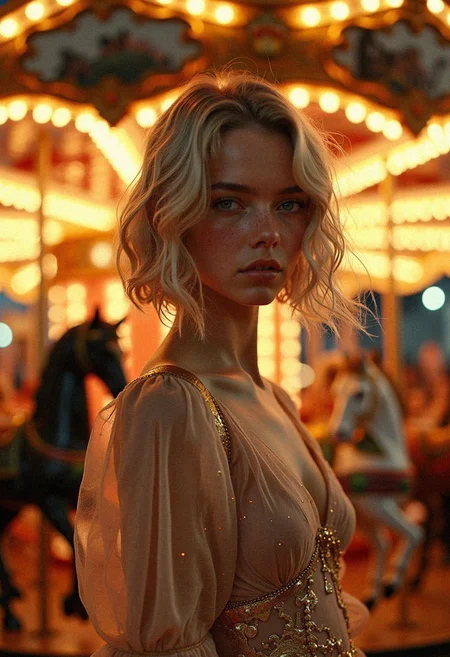 in the style of the film Nightmare Alley, a beautiful girl in a beige and gold dress stands in front of a carousel, the dress is semi-transparent long, the dress flutters in the wind, the dress elegantly flows over her erect body, short golden hair, slightly wavy hair, hair flutters in the wind, pale skin, glare from the lights on the skin, light from the lights passes through the dress, the dress seems to glow from the inside, street circus, vintage carnival, vintage carousels with horses, Ferris wheel in lights, night, traveling circus, autumn, Halloween, Halloween decorations, autumn decorations, many light garlands, many light bulbs, glowing signs, the atmosphere of an old circus from the 20s, in the style of the film Nightmare Alley, delicate feminine features, round face shape, golden eyelashes, freckles, blue eyes, slim figure, small breasts, girl 20 years old, there is a lot of golden light around the girl, people around are dressed in the style of the 20s, the dress on the girl is luxurious in the style of the Oscars, long translucent sleeves, creepy and beautiful, masterpiece, detailed, best quality, highly detailed portrait, high quality, 34K uhd, masterpiece, high detail, 8k