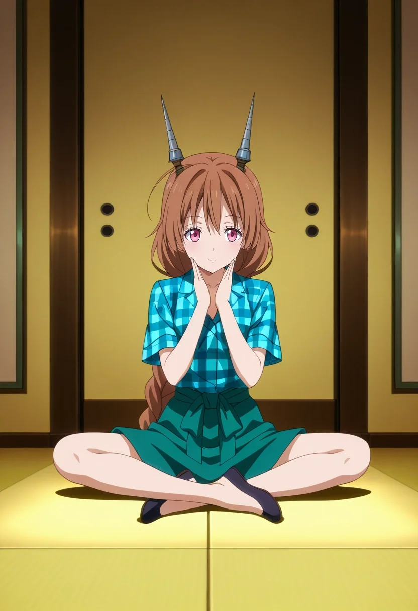 masterpiece, best quality, anime screencap, anime coloring, official style, intricate details, , 1girl, pink eyes, ash brown hair, long braid curled on top of head, hair weapon, Ombre Wrap-front skirt, Camouflage Plaid shirt, Flats, ,, solo, zen room, sand garden, stone features, paper screens, meditation pose, peaceful expression, soft light, <lora:tensura_style_ilxl:1>, tensura_style,