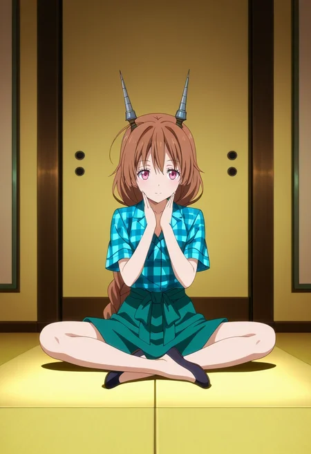masterpiece, best quality, anime screencap, anime coloring, official style, intricate details, , 1girl, pink eyes, ash brown hair, long braid curled on top of head, hair weapon, Ombre Wrap-front skirt, Camouflage Plaid shirt, Flats, ,, solo, zen room, sand garden, stone features, paper screens, meditation pose, peaceful expression, soft light, <lora:tensura_style_ilxl:1>, tensura_style,