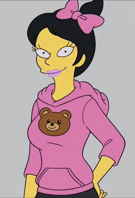 ((bedroom background)),score_9, score_8_up, score_7_up,score_6_up,
1girl, Solo, Kumiko_TS, light yellow skin, black eyes, black hair, short hair, high bun ponytail, pink hairbow, light pink lips, pink hoodie with a cute bear logo, black miniskirt, white knee socks, black mary jane shoes, tall stature, social smile, sexy face, close-up, face photo, perfect eyes, perfect smile, looking at the viewer, big breasts, detailed eyes, perfect eyes, very close-up, cute, sexy pose
