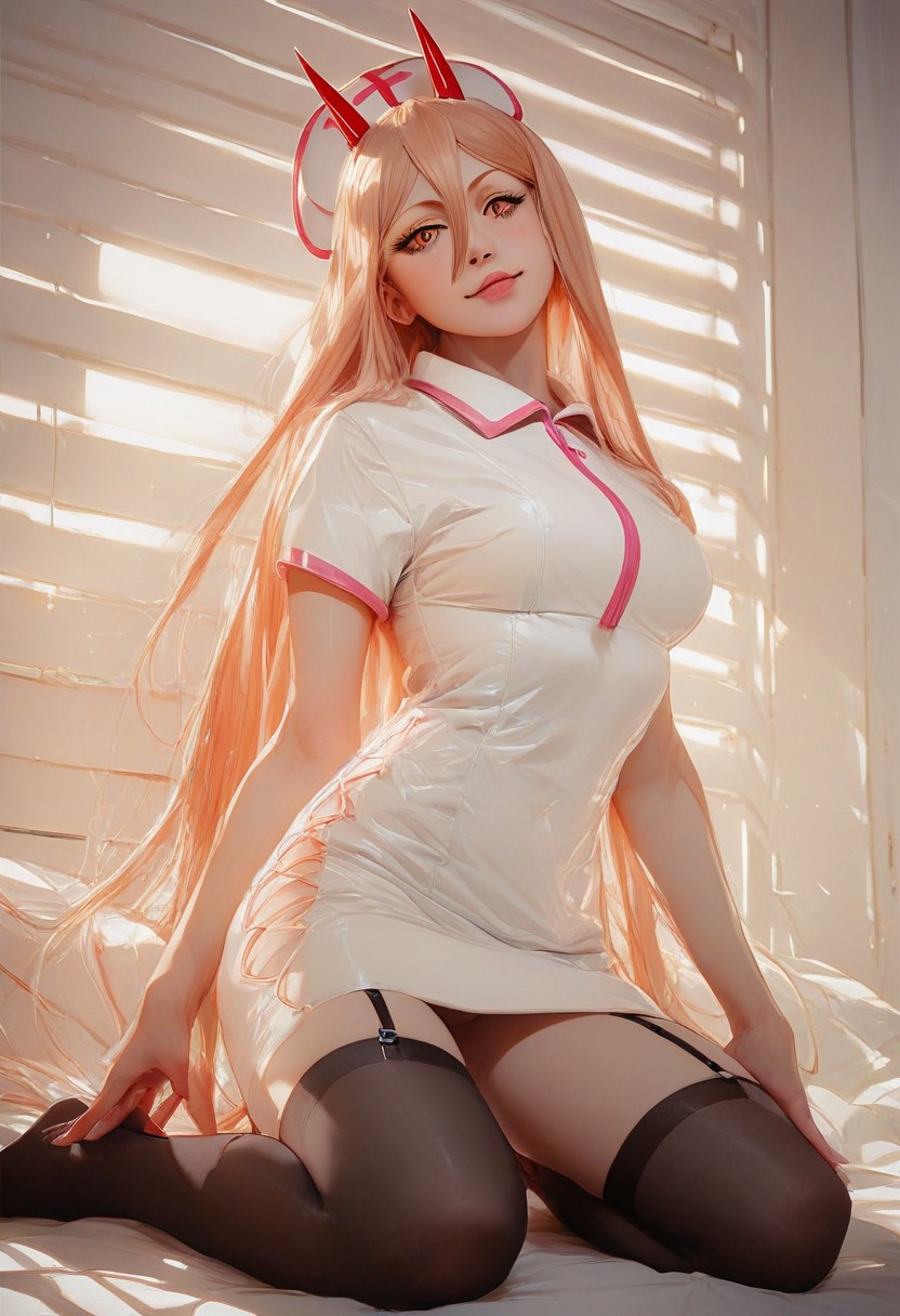 score_9, score_8_up, score_7_up, score_6_up,1girl, realistic style, cute pose, power from chainsaw man, nurse cap, nurse dress, thight straps, garter straps, breasts, black pantyhose, kneeling,