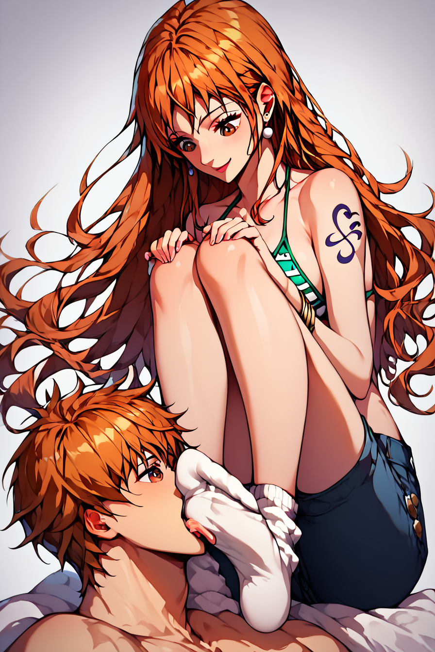 score_9, score_8_up, score_7_up, score_6_up, score_5_up, score_4_up,  <lora:one-piece-nami-s15-ponyxl-lora-nochekaiser:0.8> , nami, long hair, orange hair, brown eyes, jewelry, swimsuit, bikini, earrings, pants, high heels, bracelet, denim, bikini top only, jeans, tattoo, highly detailed face, highly detailed shining eyes, symmetrical highly detailed eyes, simple background, white background, <lora:sock_pantyhose_licking-000017:1>, 1girl, 1boy, white socks, licking socks, 4_toes, femdom, looking down,