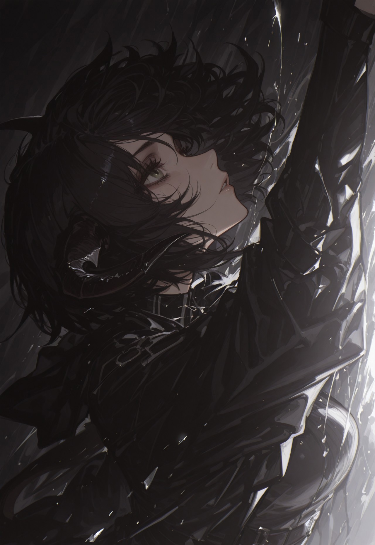 score_9, score_8_up, score_7_up, masterpiece, best quality, very aesthetic, detailed face, (dynamic:1), 1girl,  demonic goat girl, black hair, slanted bob, black, casting spell, arcane, horny, spaded tail, horns, upper body, angle, three-quarter view, reaching out, clean, animal ears,