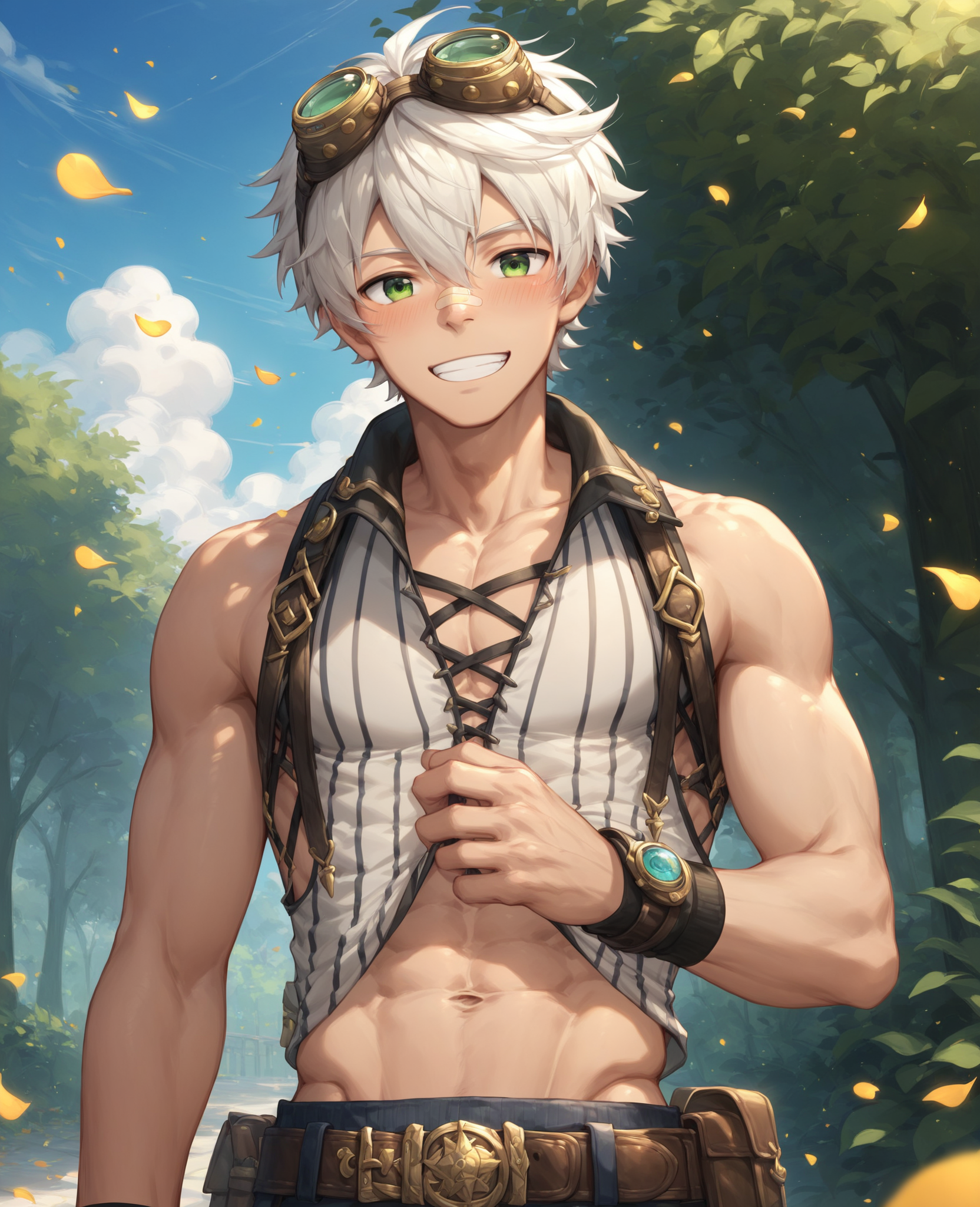 score_9,score_8_up,score_7_up,[[[bara,yaoi_1.4]]],genre_ hentai yaoi,
<lora:ç­å°¼ç¹-bennett_genshin_impact:0.7>,1boy,bandaid,bandaid on face,bandaid on nose,bangs,belt,blush,goggles,goggles on head,green eyes,grin,hair between eyes,looking at viewer,male focus,navel,open mouth,outdoors,petals,shirt,short hair,sleeveless,smile,solo,upper body,white hair,
<lora:add-detail-xl:1>,<lora:Perfect Hands v2:1>,