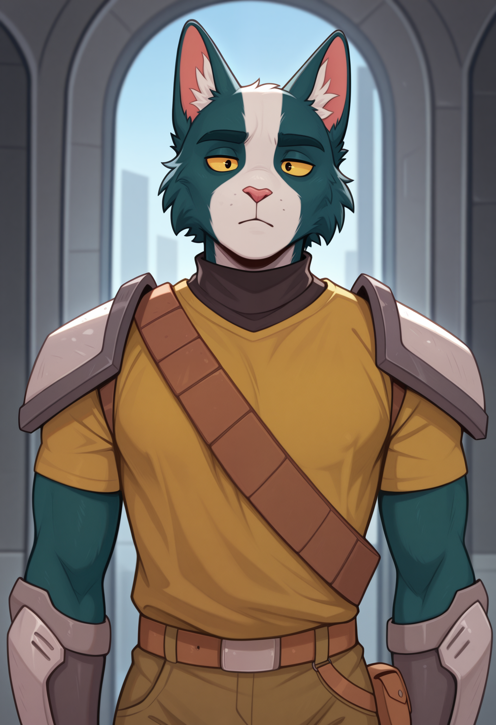 masterpiece, best quality, amazing quality, 1boy, solo, AvocatoFS, Colored Sclera, Yellow shirt, sash, armor, 