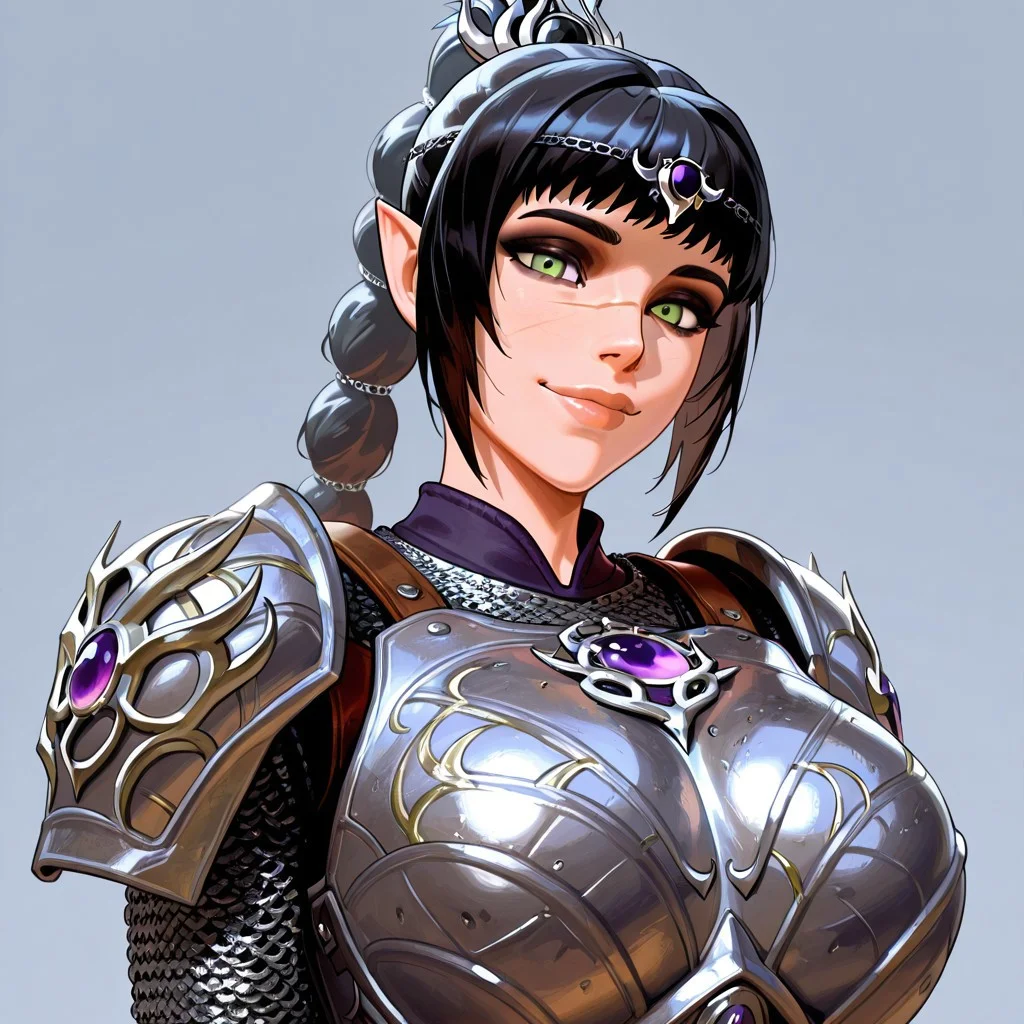 masterpiece,best quality,amazing quality, absurdres, <lora:shadowheart_bg3_ilxl_goofy:1> shadowheart \(baldur's gate\), 1girl, black hair, braid, breasts, elf, detailed eyes, green eyes, large breasts, detailed lips, glossy lips, long hair, looking at viewer, multi-tied hair, pointy ears,scar on face, simple background, smile, solo, body armor, shoulder pads, ,breastplate, chainmail,