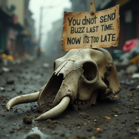closeup portrait analog photo of an elephant skull in the ground, in a poor street with trash and dirt. The city is in flames and its raining and there are mud. The elephant is dirt. There is a big paper sign saying "You d'not send Buzz last time, now its too late". The eyes have tears of sadness. Photo is a bit blurred