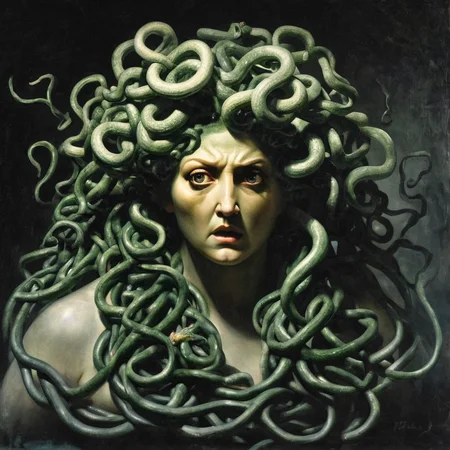 Painting of medusa, scary dark light <lora:Acdemical_paintings_of_Henryk_Siemiradzki:1>