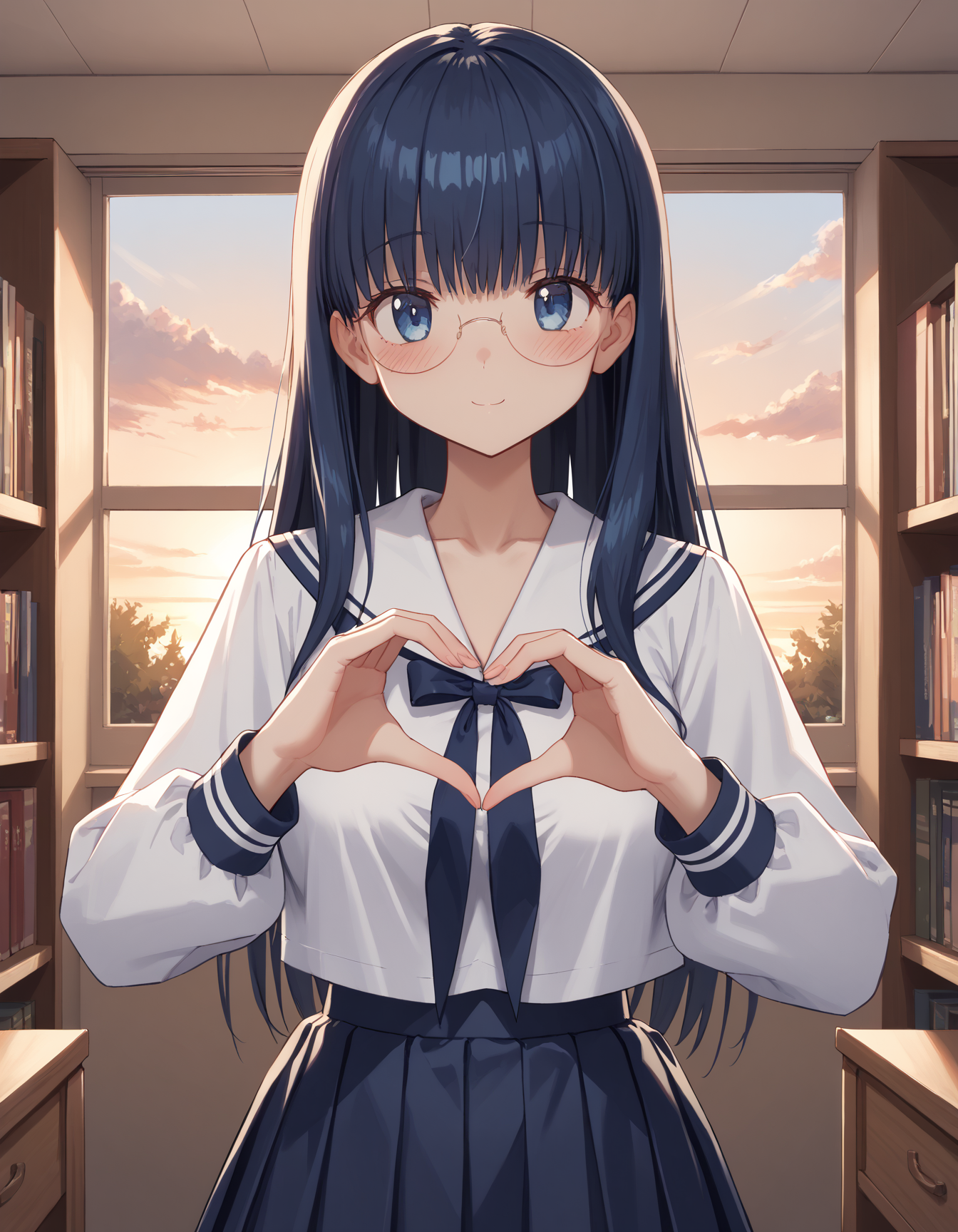 score_9, score_8_up, score_7_up,  1girl, solo, long hair, dark blue hair, round eyewear, rimless eyewear, blush, serafuku, heart hands, library, looking at viewer, cowboy shot, indoors, large breasts, long sidelocks,dark blue eyes, straight-on, window, evening, sky, (clouds:0.8), shy, smile,bookshelf,