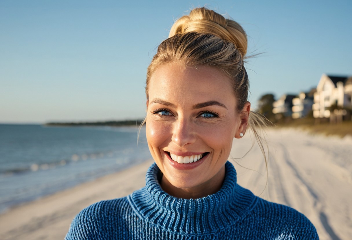 A hyper-detailed, high-resolution (8K) image of a 35-year-old woman with sleek blonde hair tied back, facing the camera;beautiful and perfect  absolutely natural face, not plastic look,wearing an oversized detailed blue knit sweater. Her striking blue eyes gleam with warmth, framed by delicate laugh lines that enhance her inviting charm. subtle wrinkles on her face, natural skin texture. Captured with a wide-angle lens, without distortion. 10 feet away from the lens, enjoying the golden afternoon light. Shot with a Nikon D5300, 50mm lens, f/2.8, ISO 100. Natural sunlight highlights her face and outfit. Background: Hilton Head architecture and the Ocean  in soft focus. Inspired by Peter Lindbergh’s natural elegance in urban travel.