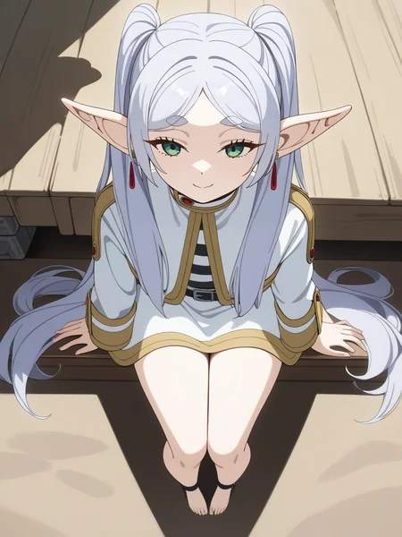 best quality,masterpiece,highres,absurdres,1girl,solo,newest,rating: general, <lora:Frieren_XL-step00001000:0.6> ,(frieren, pointy ears, elf, earrings, twintails, parted bangs, grey hair, thick eyebrows),(full body:1.1),flower ornament, sitting,from above,smile,