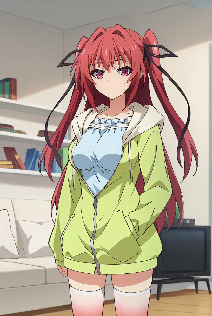 score_9, score_8_up, score_7_up, source_anime,
<lora:ShinmaiMaou_NaruseMioXL_1:0.9>, NaruseMio,
1girl, solo, closed mouth, light smile,
magenta hair, violet eyes, two side up, hair ribbon, black ribbon,
MioCasual, hooded jacket, green jacket, blue shirt, frills, striped thighhighs, white thighhighs, red thighhighs,
standing, looking at viewer, cowboy shot, facing viewer, thigh gap,
indoors, couch, television, bookshelf