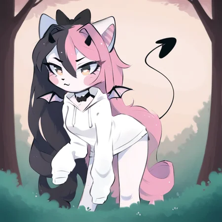 score_9, score_8_up, score_7_up, BREAK, 1girl, solo,oversized sweater, ANG3L, long hair, horns, furry female, sleeves past wrists, bow, demon tail, wings, oversized hoodie, white hoodie, choker, pink eyes, heartshaped pupils, wings, multicoloured hair, two-tone hair, split coloured hair, tail, pink and black hair:1, glee, joyous, leaning in, bent over, on one leg, outdoors, forest, <lora:Angel_2_crispytyph:1> <lora:add-detail-xl:2> <lora:add_details_xl:2> <lora:princess_xl_v2:1>