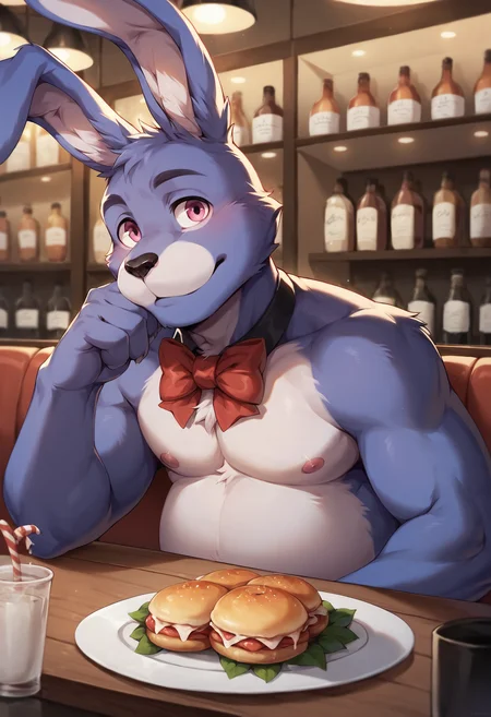 score_9, score_8_up, score_7_up, score_6_up, solo, male focus, chubby, low angle, side view, (bonnie, furry), pink eyes, rabbit, fnaf, red bow tie, half body, sitting, blurry background, cafe, pizzeria, looking at viewer, indoor, inside, bright background, detailed, detailed face, correct, close mouth, depth of field <lora:Bonnie-v1:0.88>