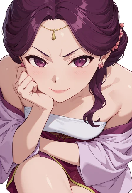 Smooth Quality,masterpiece,very intricate, high quality details, ultra realistic, high detailed skin,detailed enviorement,absurdres,
partially undressed, 
 <lora:Yinghua_CNR:0.8> yinghuacnr, purple hair,  purple eyes,, simple background, white background, from above,
sitting pose, legs crossed, one hand resting on chin, playful smile, relaxed shoulders,  ,scowl,, yukata,  ,cheongsam top,  ,cropped pants,  ,