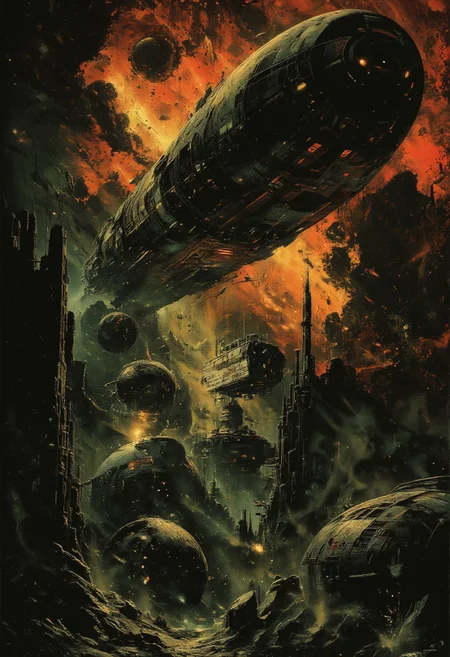 A derelict, lonely spaceship drifts aimlessly through the vast, endless expanse of space. Its sleek, high-tech hull is scarred and battered, covered in eerie scorch marks that speak of battles long forgotten. The ship's faint lights flicker sporadically, casting pale glows across its silent, empty corridors, as if it clings desperately to life. Surrounding the vessel is an ocean of stars and nebulous gas clouds, swirling in vibrant hues of crimson, teal, and gold, their beauty a stark contrast to the ship's desolation.
Jagged asteroids drift nearby, their surfaces shimmering with faint reflections from the glowing nebula. Light particles float through the void, dancing like cosmic fireflies, while energy sparks leap sporadically from damaged panels, casting momentary flashes of brilliance into the surrounding darkness. Deep shadows cloak the underbelly of the ship, their tenebrous depths hinting at the horrors lurking within.
The atmosphere is melancholic yet foreboding, blending vibrant colors with muted sepia tones to evoke a sense of eternal isolation. The scene is hauntingly beautiful, dissonant, and surreal, with subtle apparitions appearing in the reflections of the ship's cracked windows. A professional, painterly aesthetic captures every intricate detail, from the shimmering starlight to the faint shimmer of cosmic dust, blending Pointillism's vibrant energy with Tenebrous undertones..directional lighting,best quality,masterpiece,colorful,john berkey,moebius,