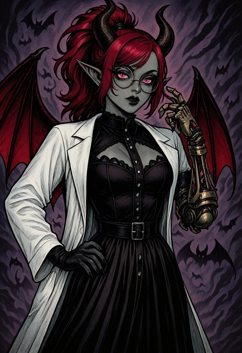 masterpiece, best quality, newest, absurdres, highres, NFCV1.0,
1girl, succubus, grey skin, goth, goth girl, goth makeup, grey colored skin, red hair, demon girl, horns, wings, bat wings, demon wings, red wings, lab coat, coat, single mechanical arm, glasses, round glasses, ponytail, high taied ponytail, side bangs, Oneprostethicarm, pink eyes, amputee, prosthesis, prosthetic arm, medium breasts, pointy ears, hand on hip